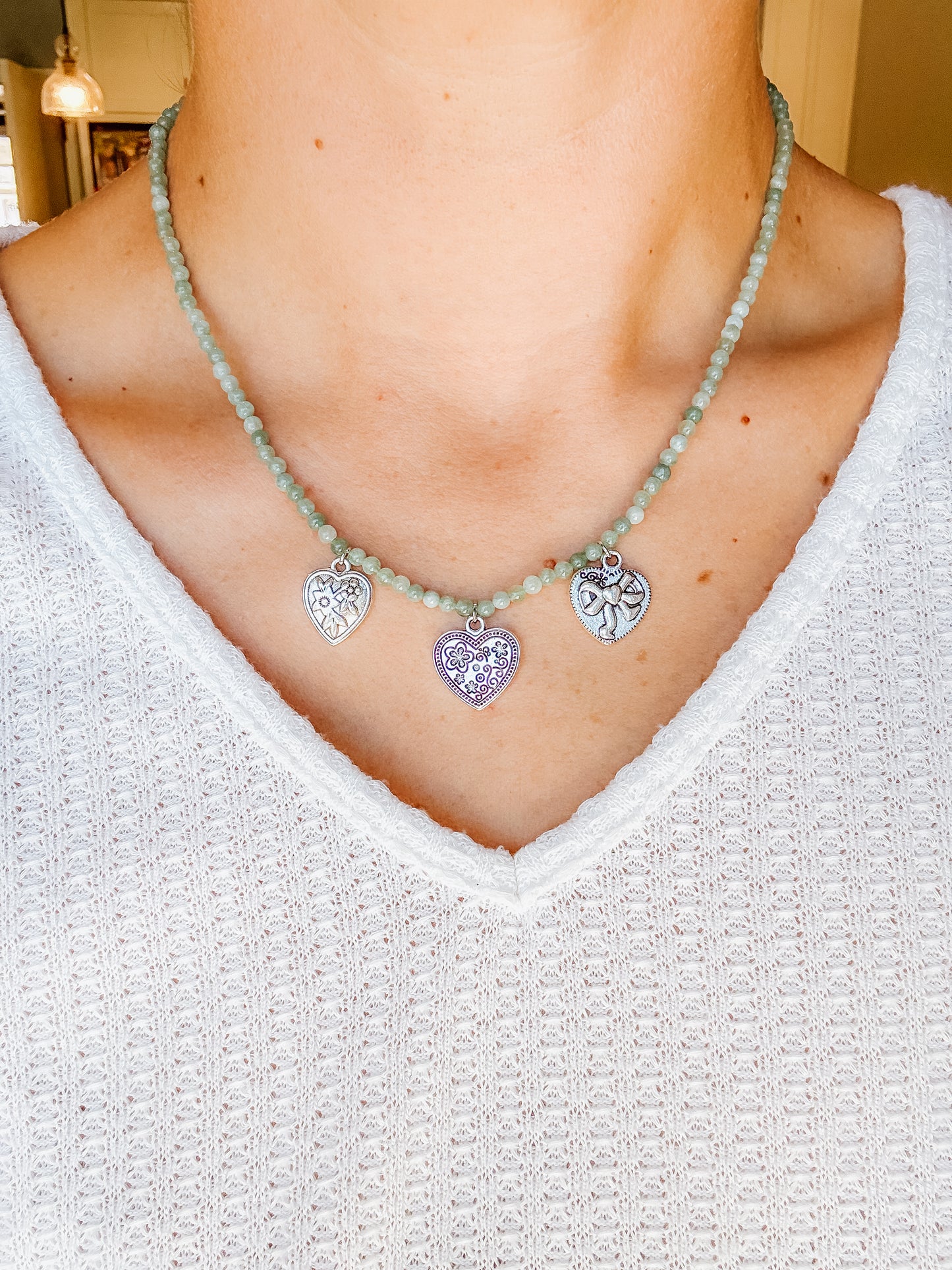Beaded Green Heart Charm Necklace