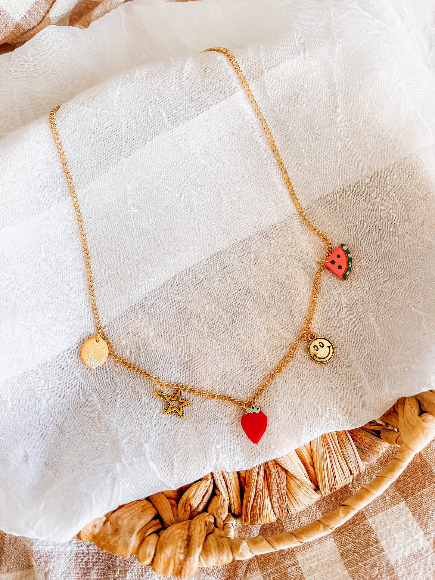 Strawberry Happy Face Charm Necklace - Small Chain