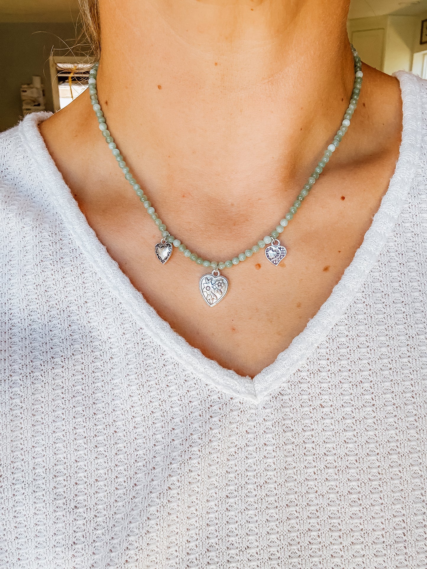 Beaded Green Heart Charm Necklace