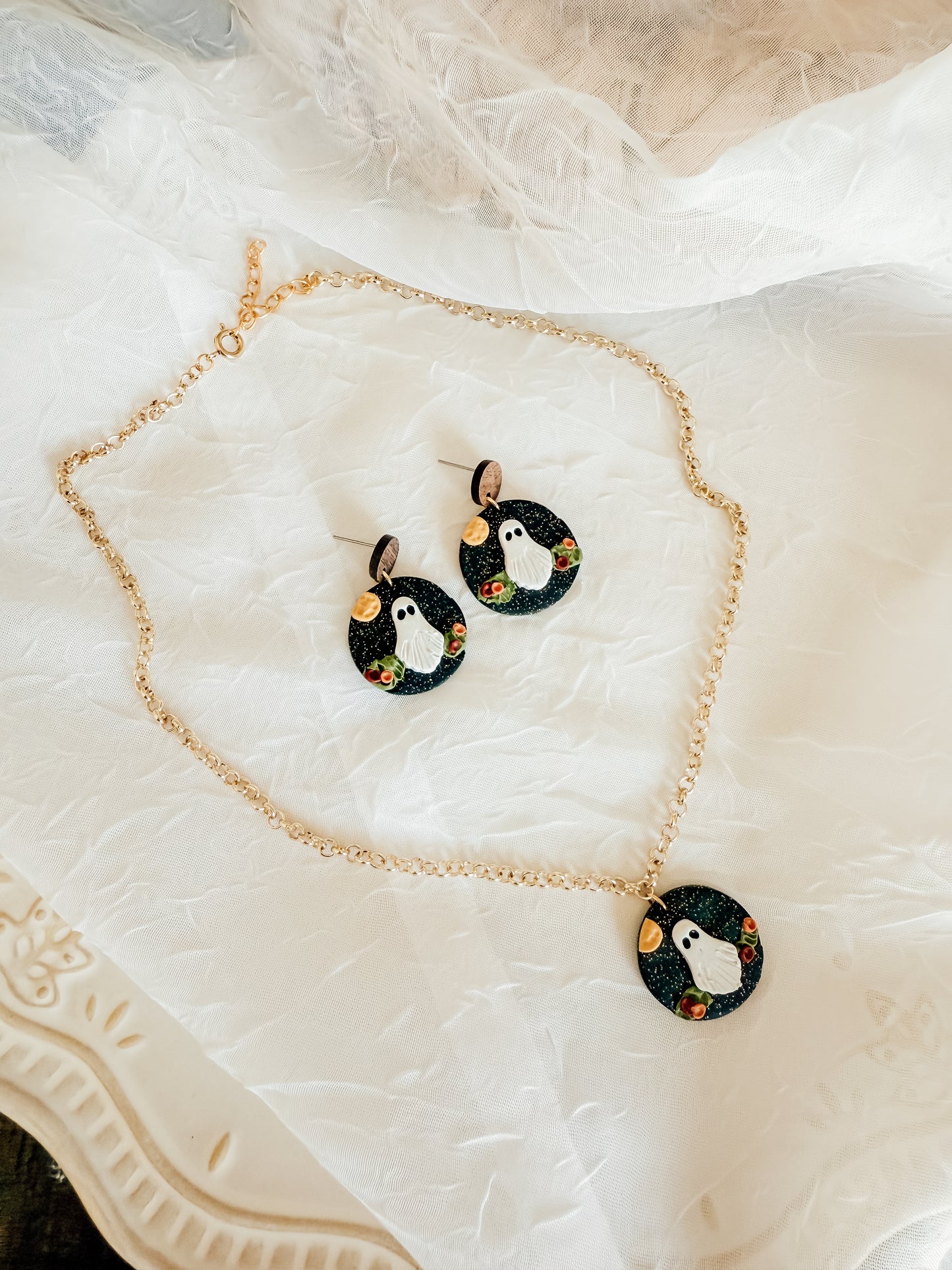 Ghost in the Flowers Earrings and Necklace