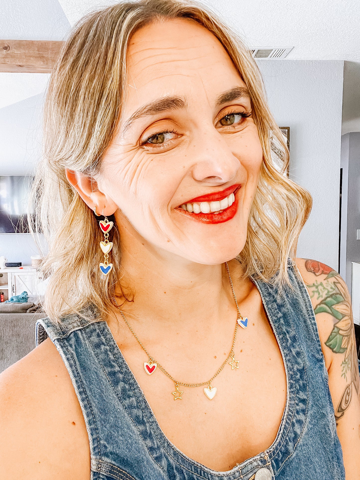 Red white blue heart charm earrings and necklace
