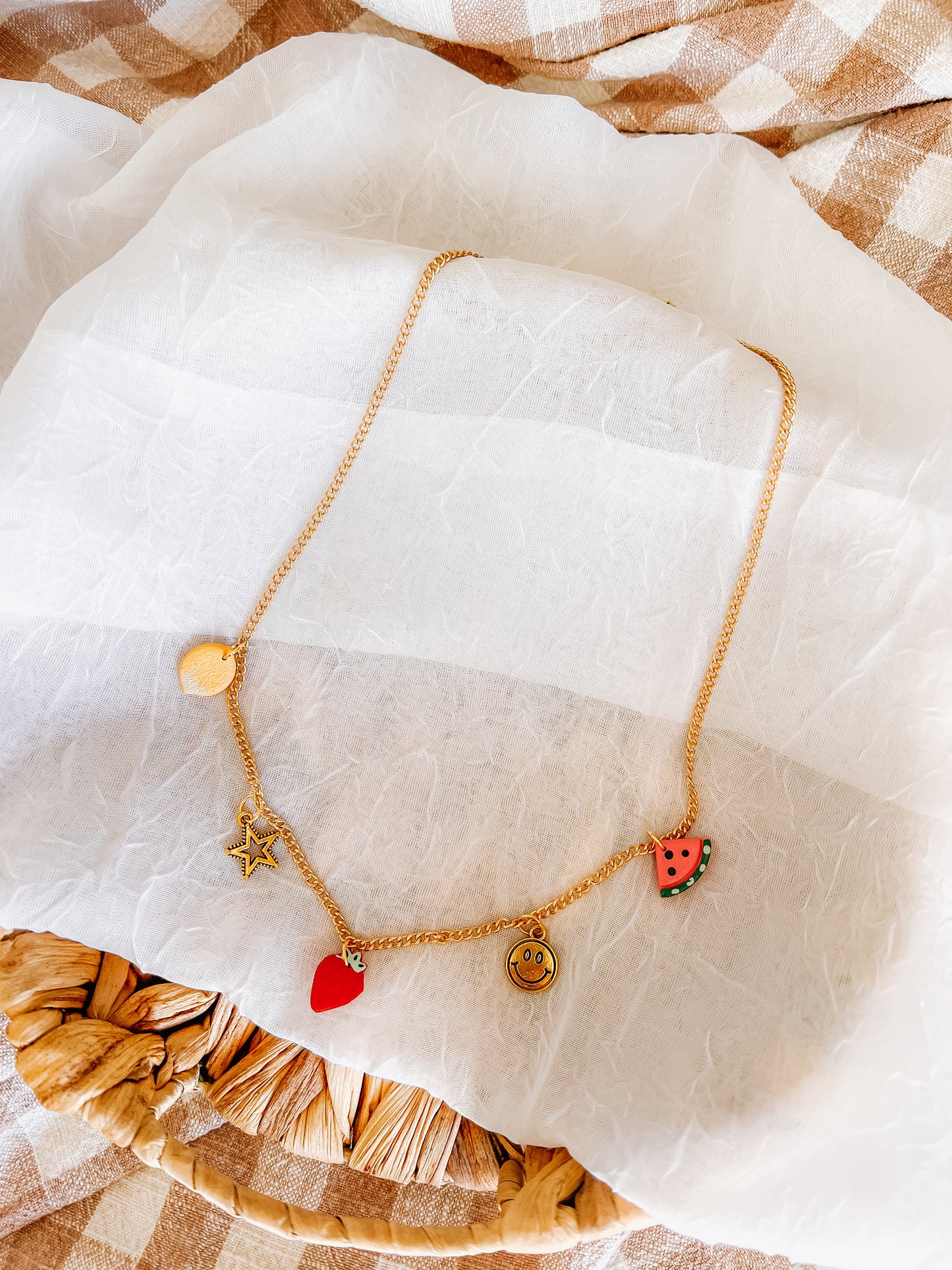 Strawberry Happy Face Charm Necklace - Small Chain