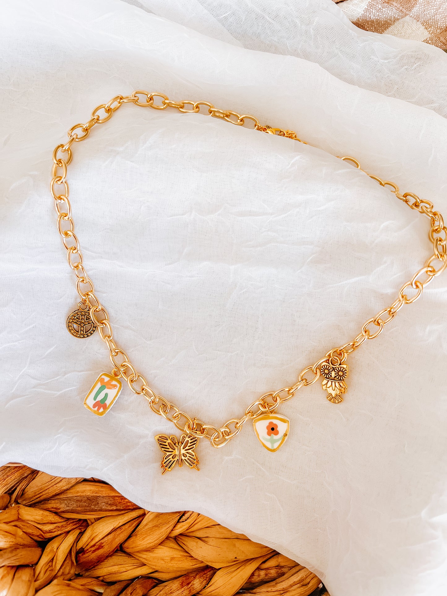 Butterfly Owl Charm Necklace - Chunky Chain