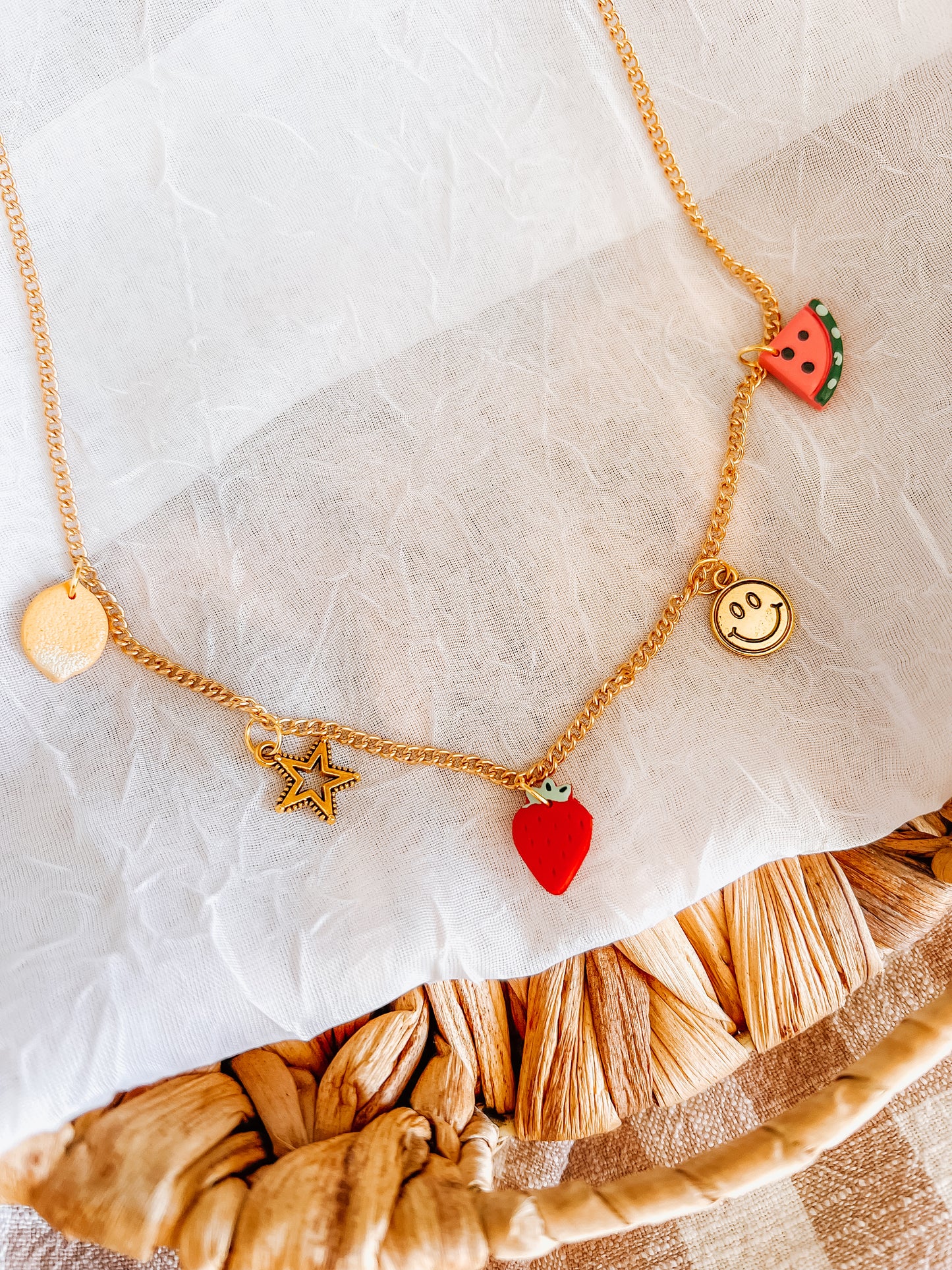 Strawberry Happy Face Charm Necklace - Small Chain