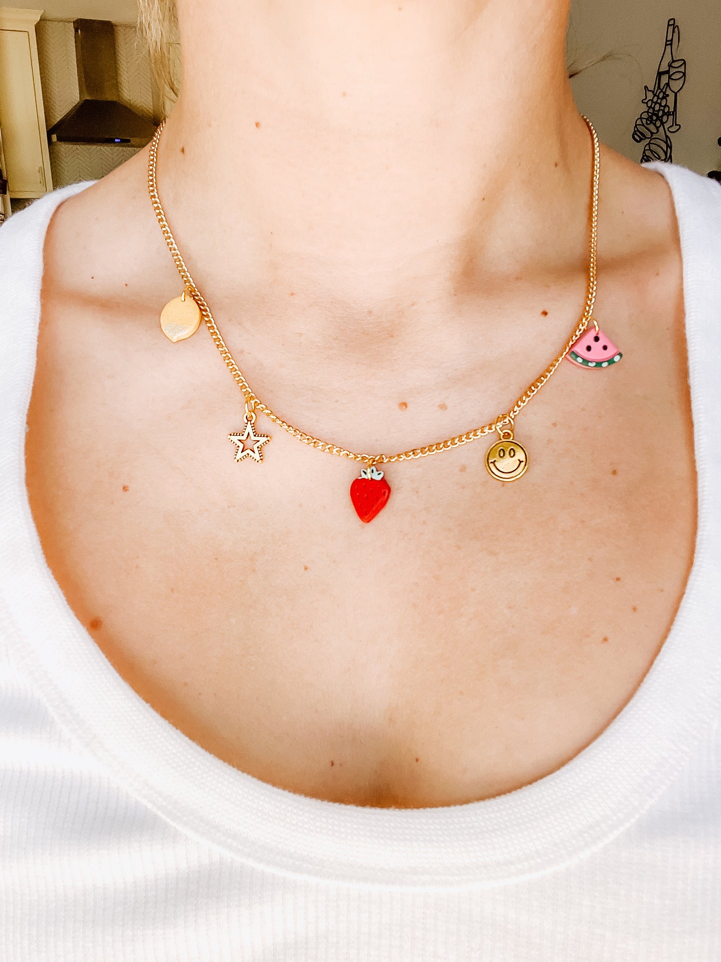 Strawberry Happy Face Charm Necklace - Small Chain