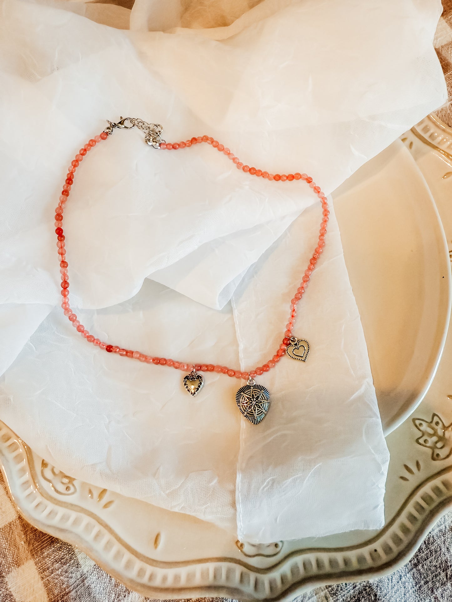 Beaded Pink Heart Charm Necklace 3