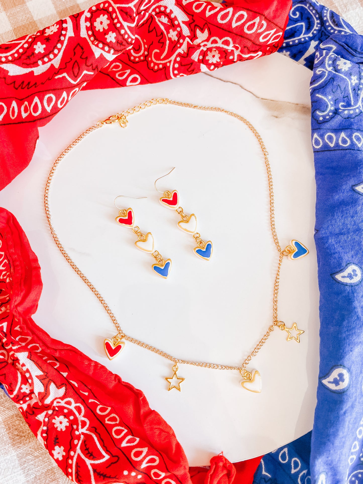Red white blue heart charm earrings and necklace