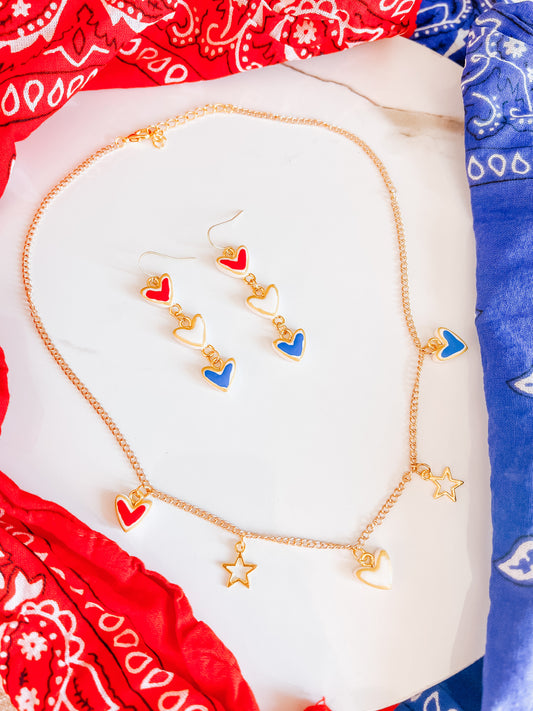 Red white blue heart charm earrings and necklace