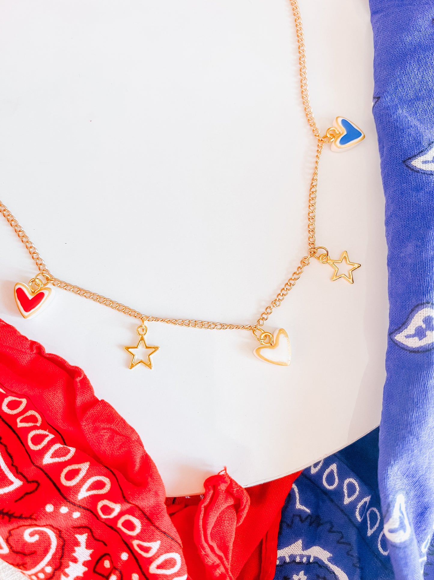 Red white blue heart charm earrings and necklace