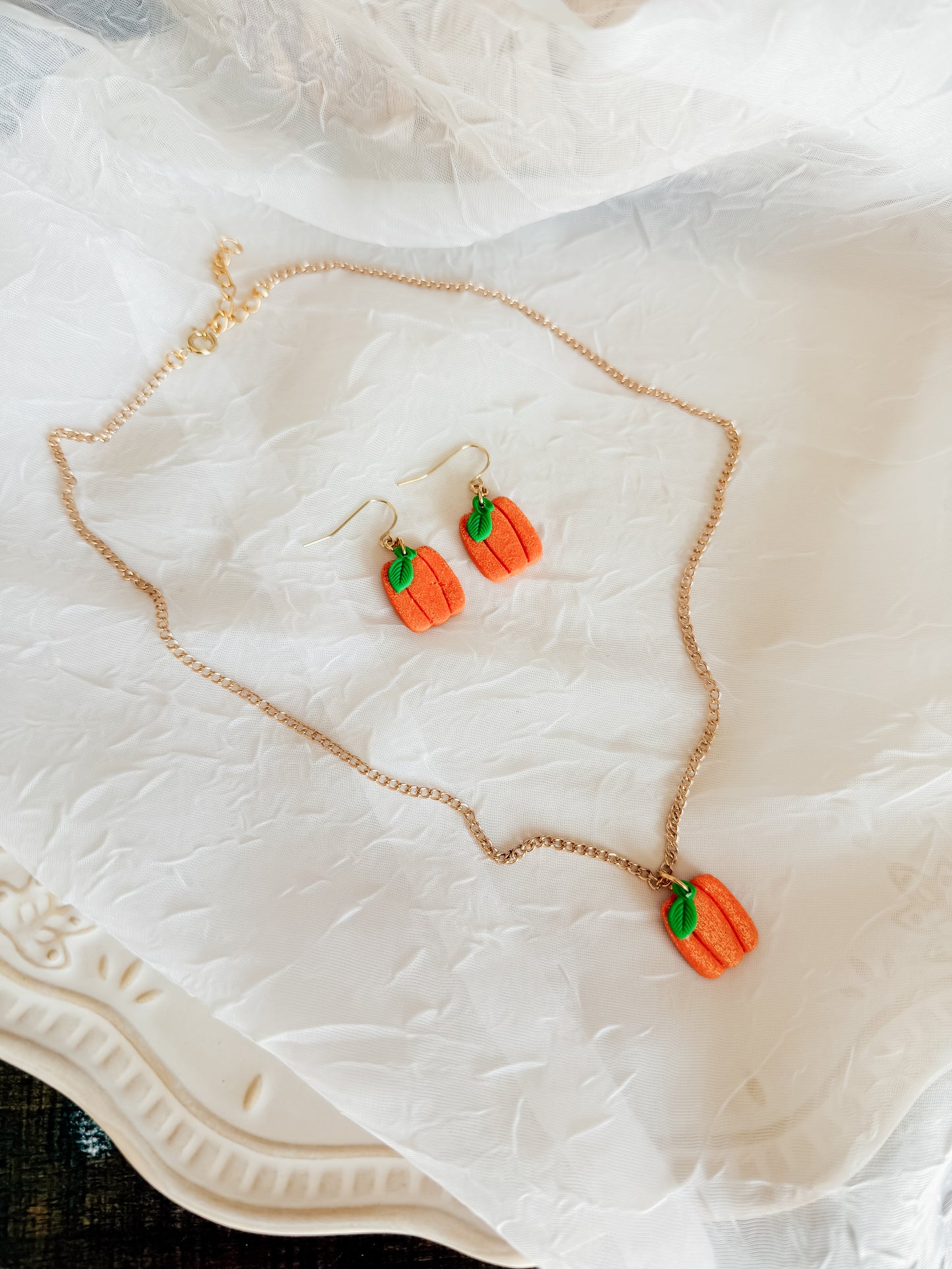 Glitter Pumpkin Earrings and Necklace