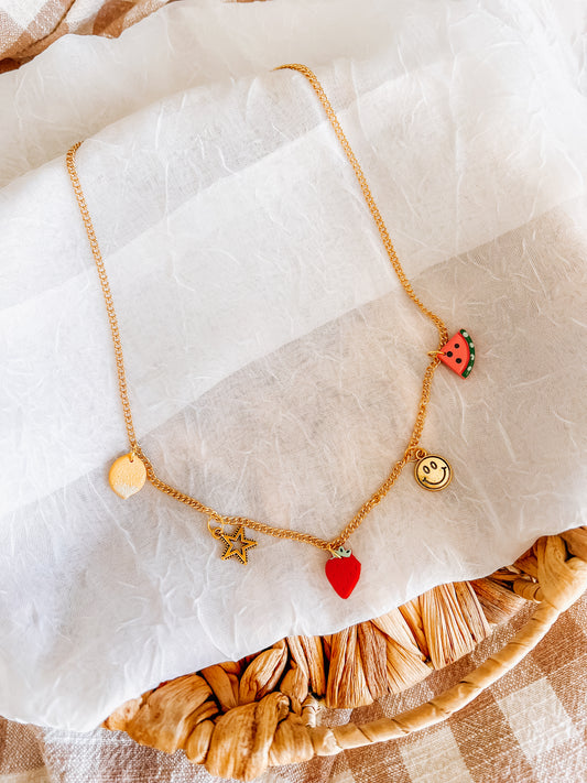 Strawberry Happy Face Charm Necklace - Small Chain