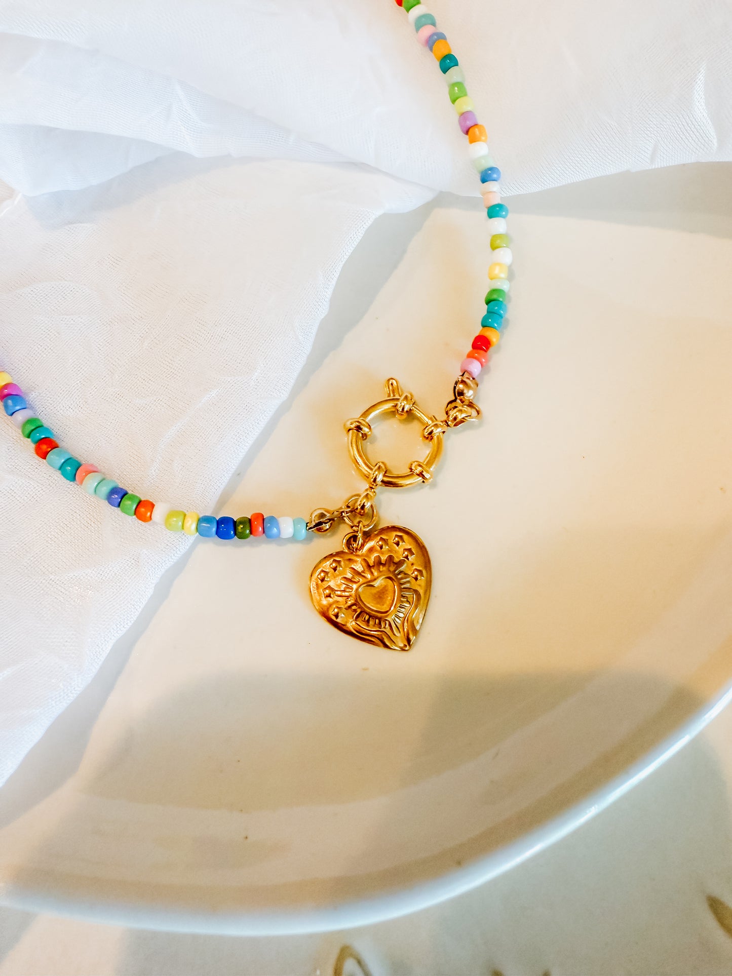 Rainbow beaded heart charm necklace