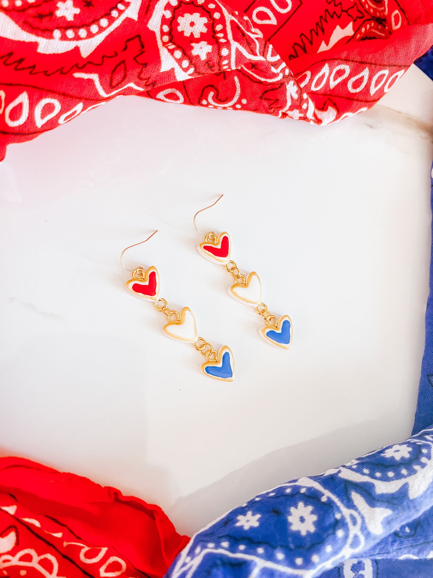 Red white blue heart charm earrings and necklace