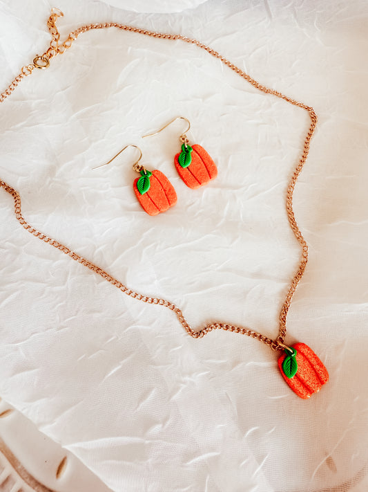 Glitter Pumpkin Earrings and Necklace