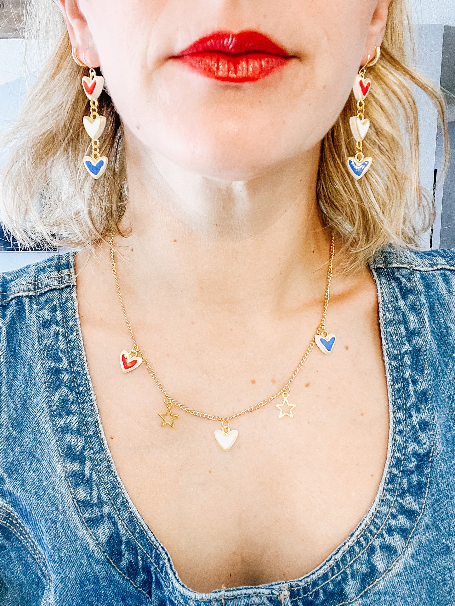 Red white blue heart charm earrings and necklace