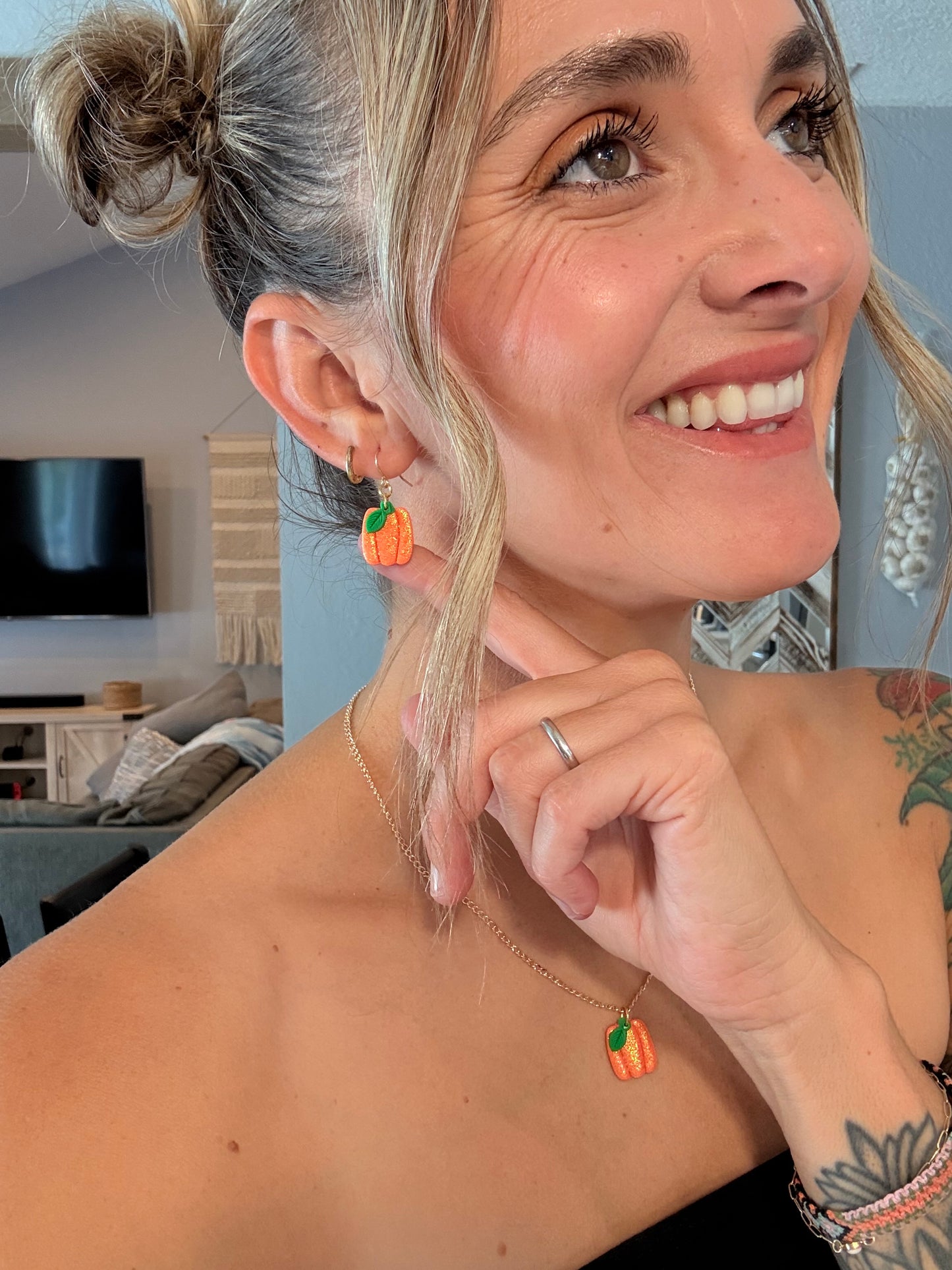 Glitter Pumpkin Earrings and Necklace