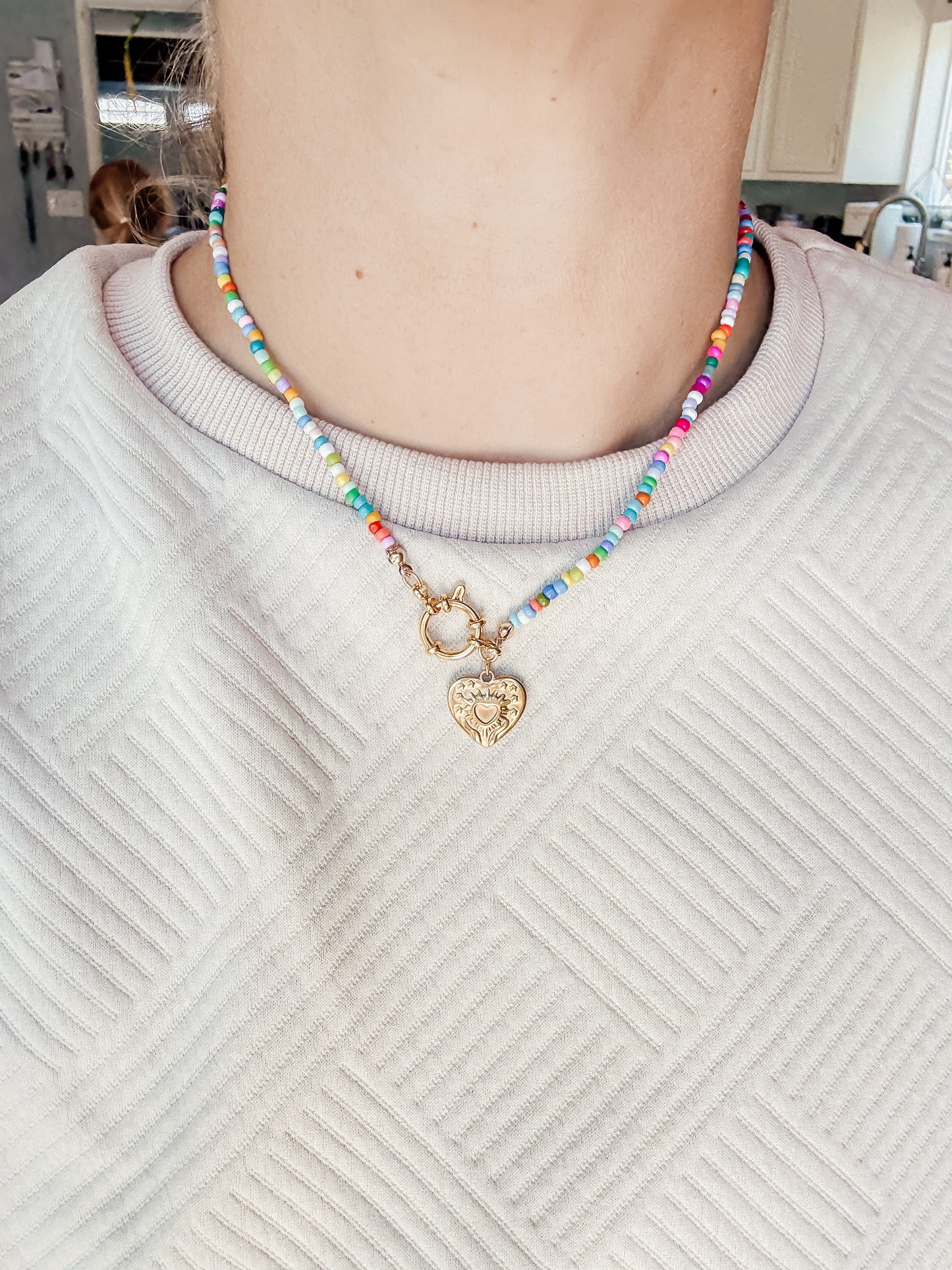 Rainbow beaded heart charm necklace