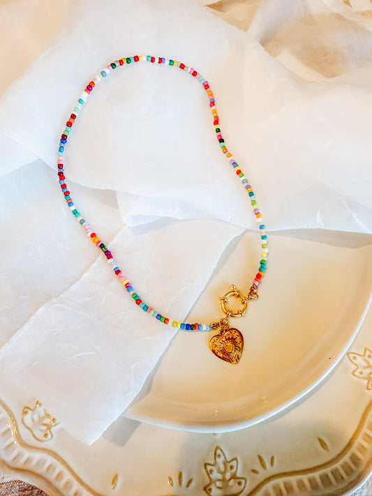 Rainbow beaded heart charm necklace