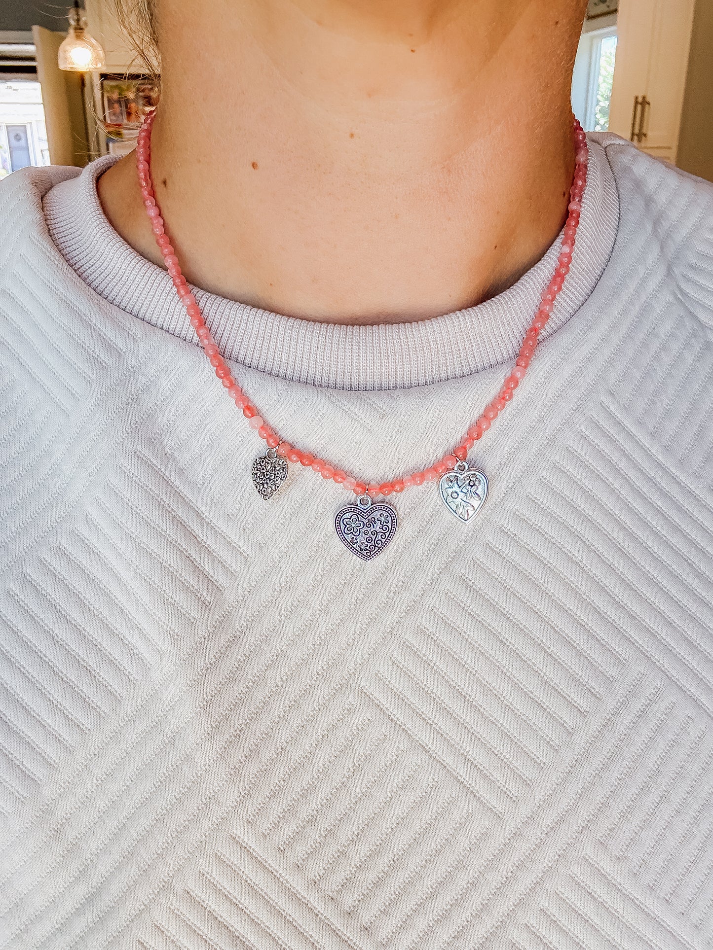 Beaded Pink Heart Charm Necklace 2
