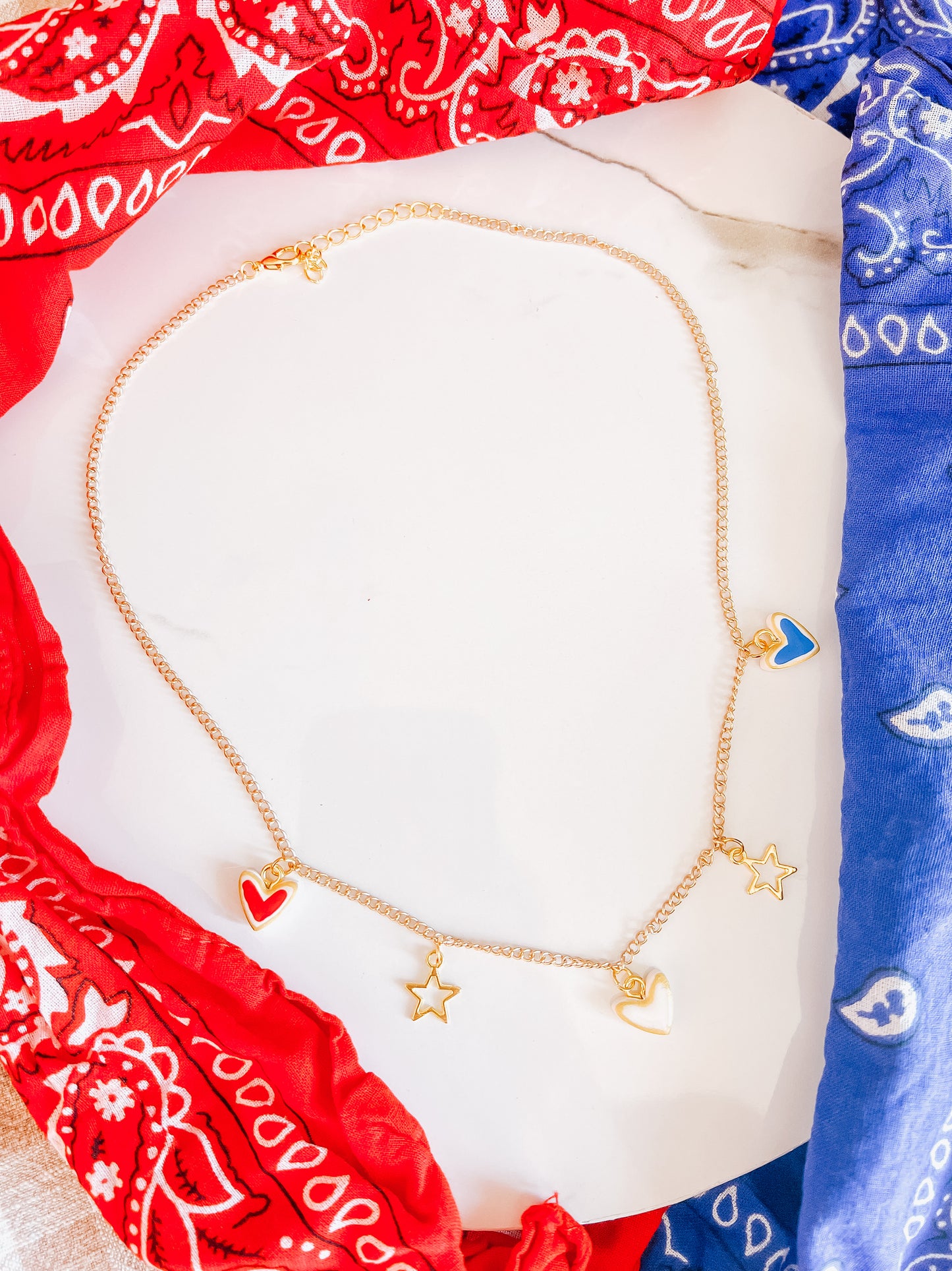Red white blue heart charm earrings and necklace