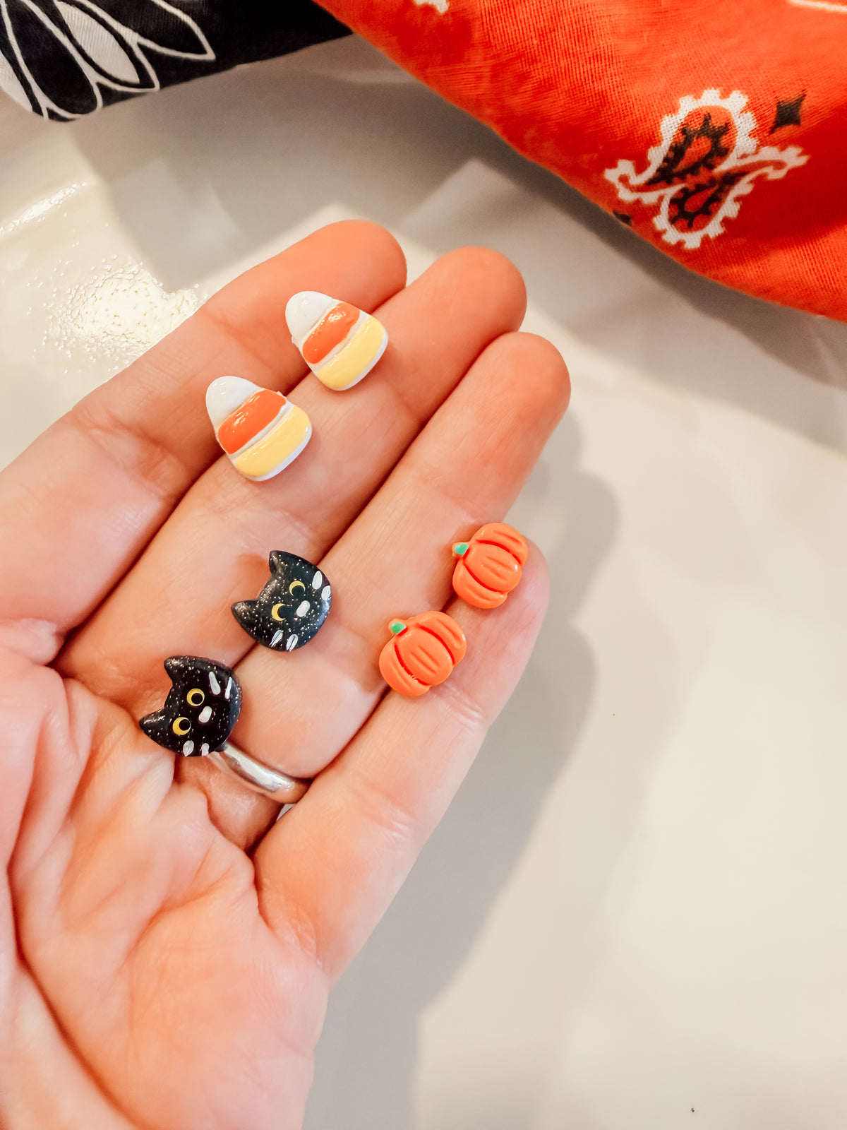 Mini Candy Corn, Pumpkin & Cat Halloween Studs