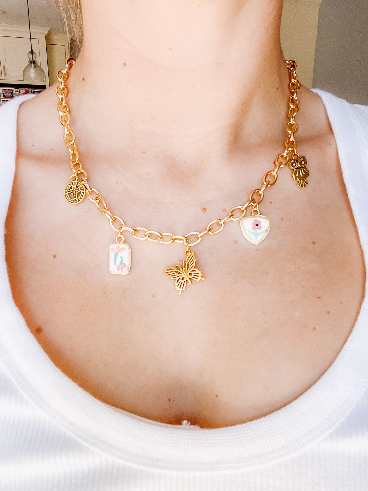 Butterfly Owl Charm Necklace - Chunky Chain