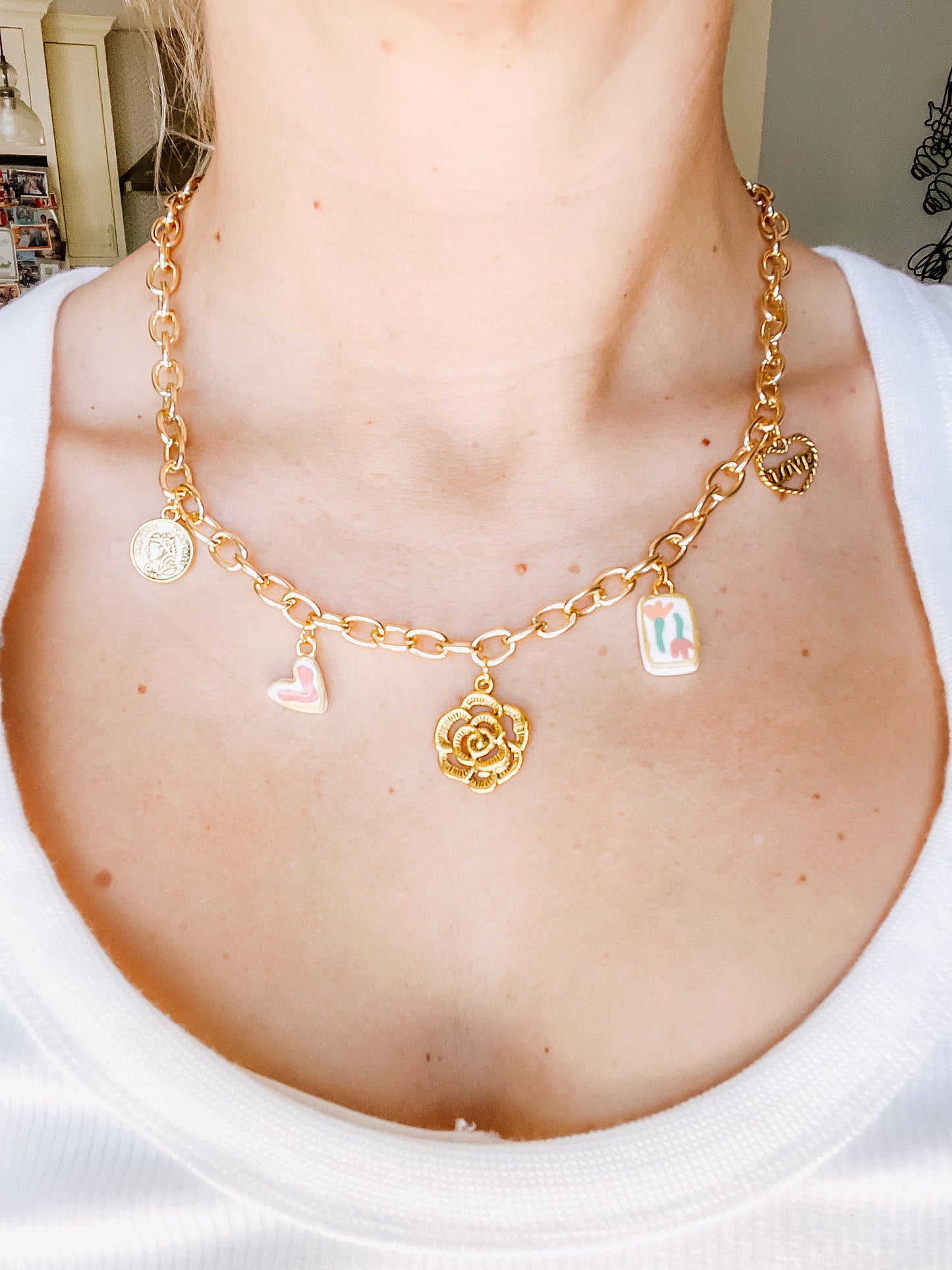 Rose Charm Necklace - Chunky Chain
