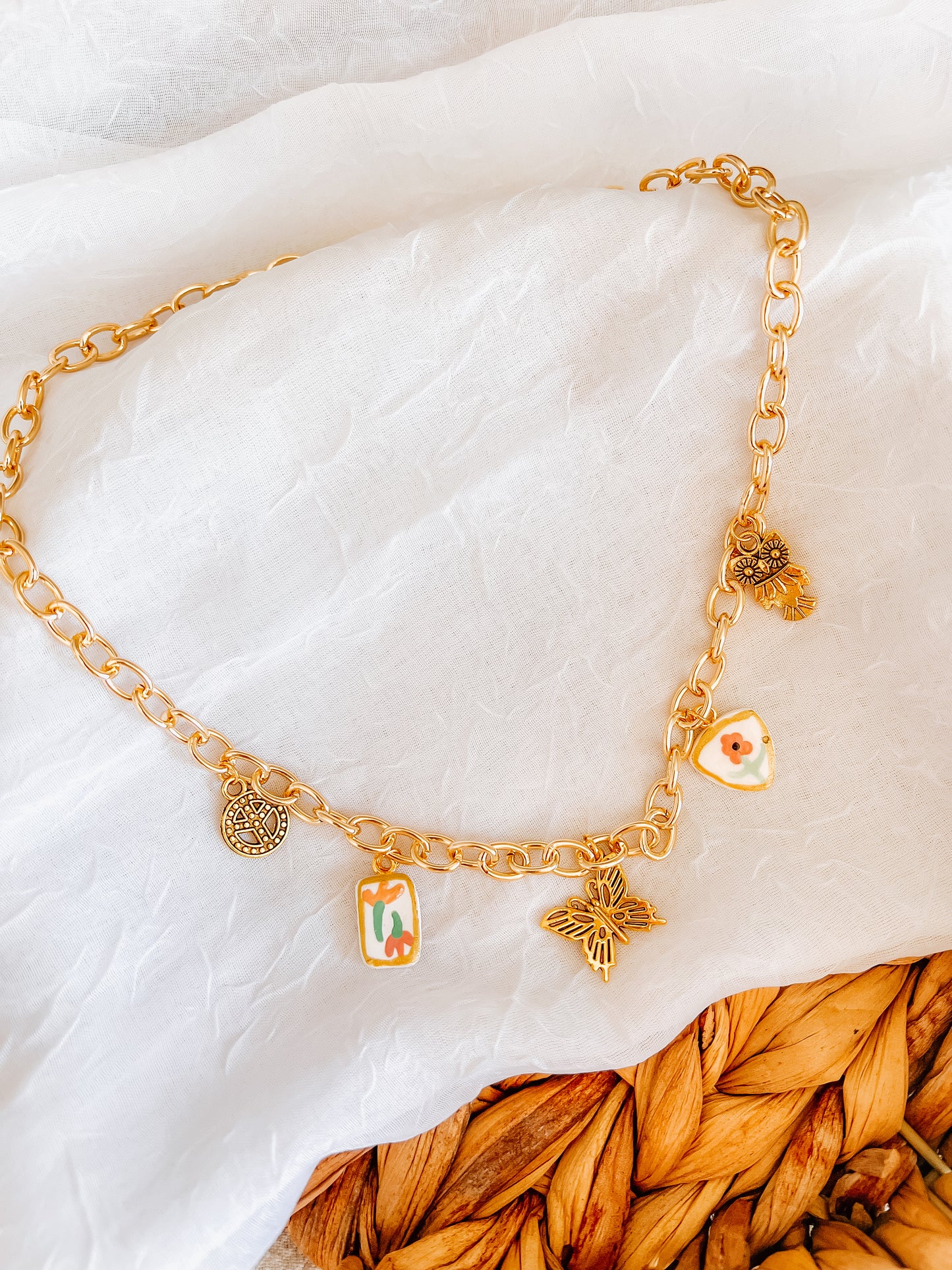 Butterfly Owl Charm Necklace - Chunky Chain