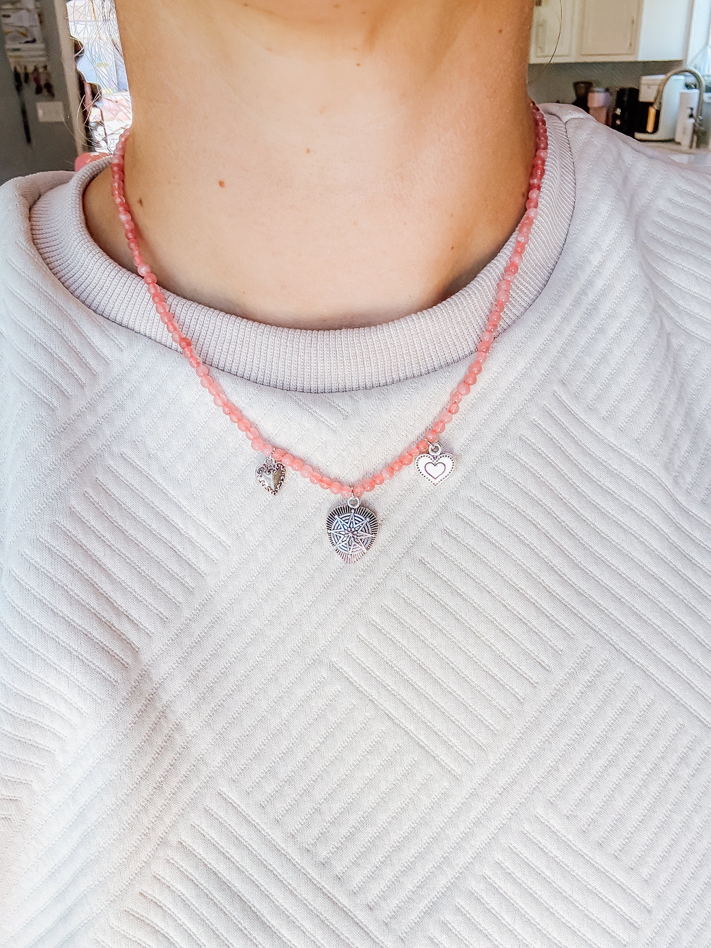 Beaded Pink Heart Charm Necklace 3