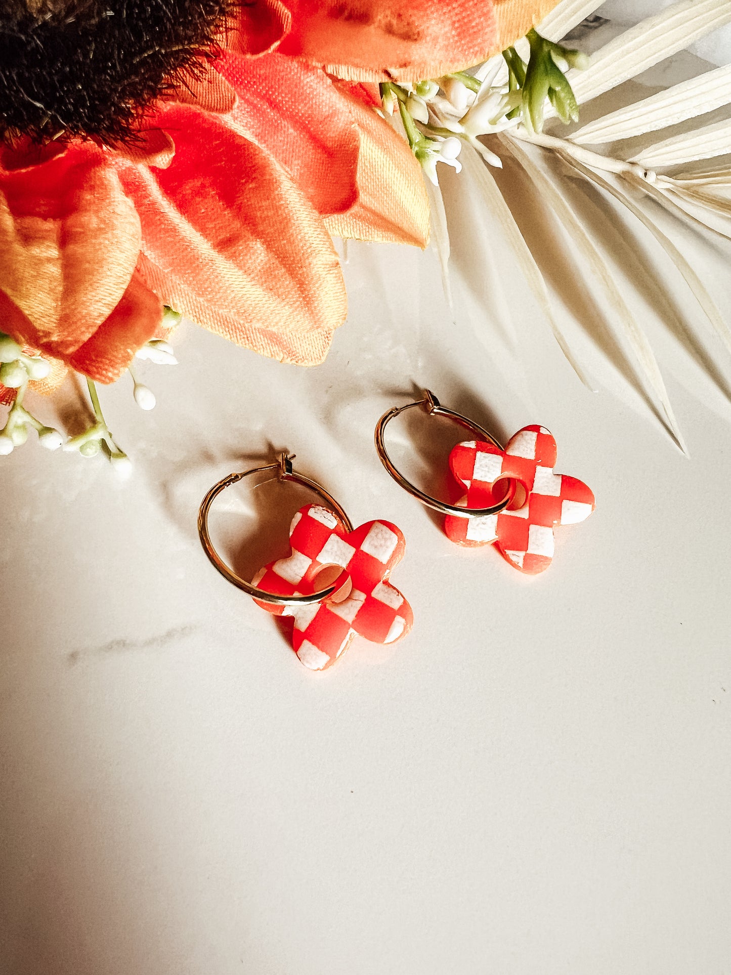 Orange Checkered Flower Hoops