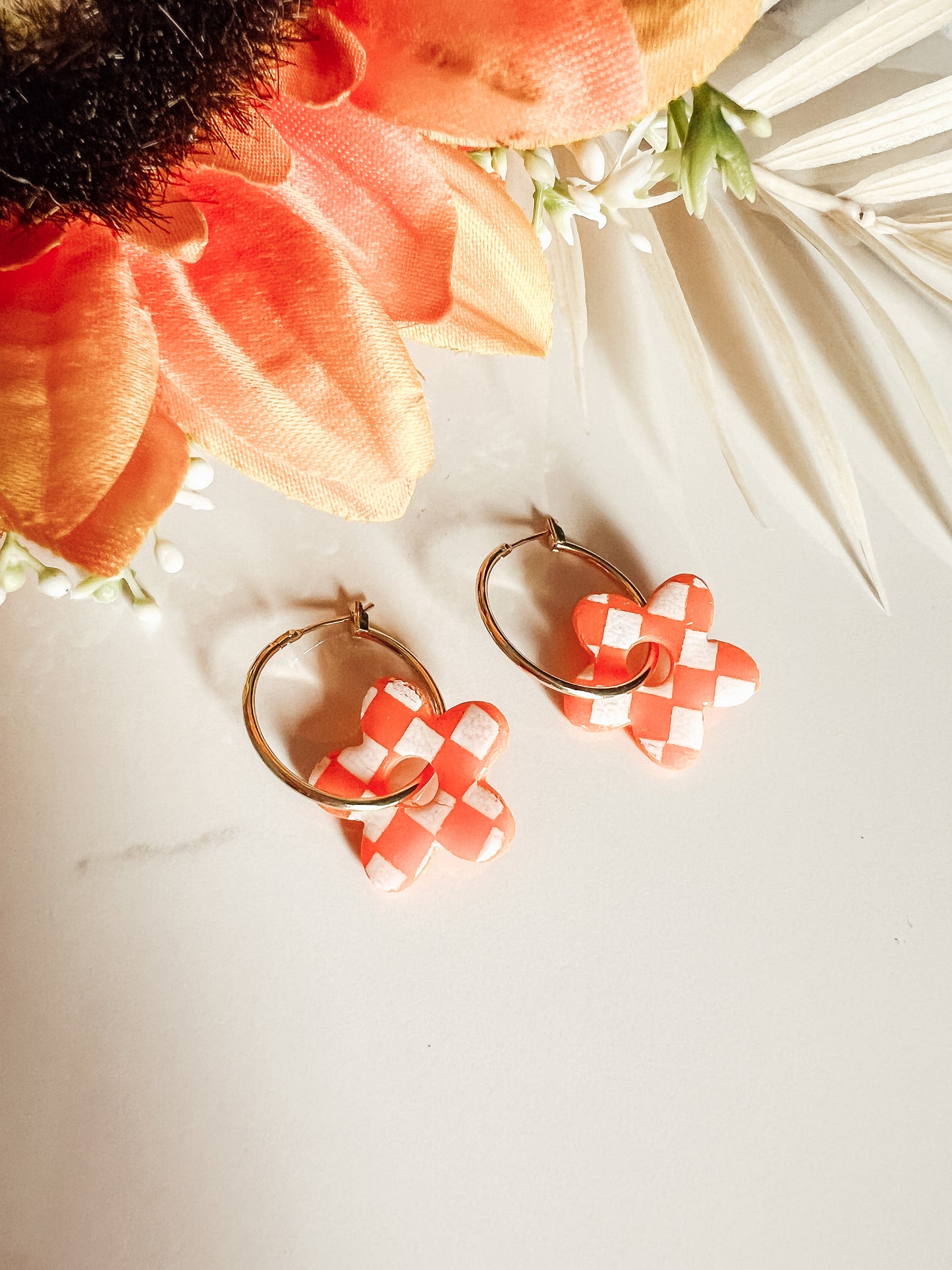 Orange Checkered Flower Hoops