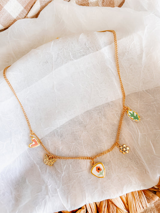 Pink Flower Charm Necklace - Small Chain