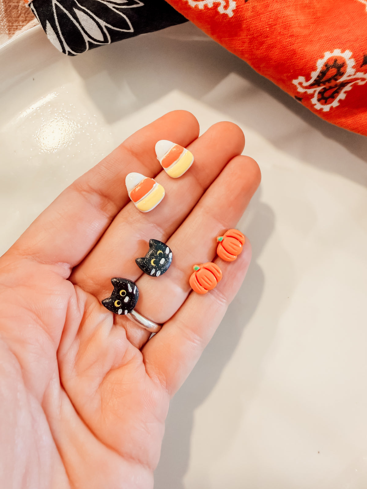 Mini Candy Corn, Pumpkin & Cat Halloween Studs